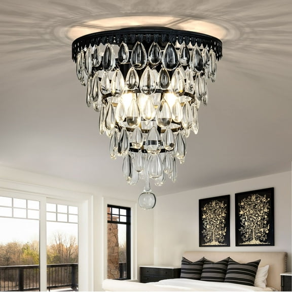 3-Lights Matt Black Interior Teardrop Glass Antique Flush Mount Tiered Chandelier