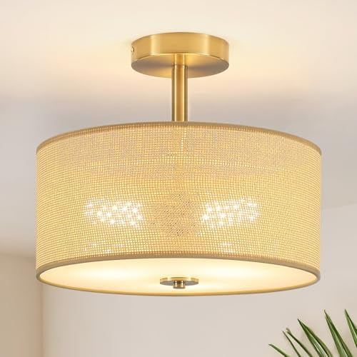 3 Lights Rattan Light Fixtures Ceiling Mount, Gold Boho Semi Flush Mount Ceiling Light, 14" Rustic Drum Light with Hand-Woven Shade for Dining Room, Kitchen, Bedroom, Hallway, Foyer, Farmhouse