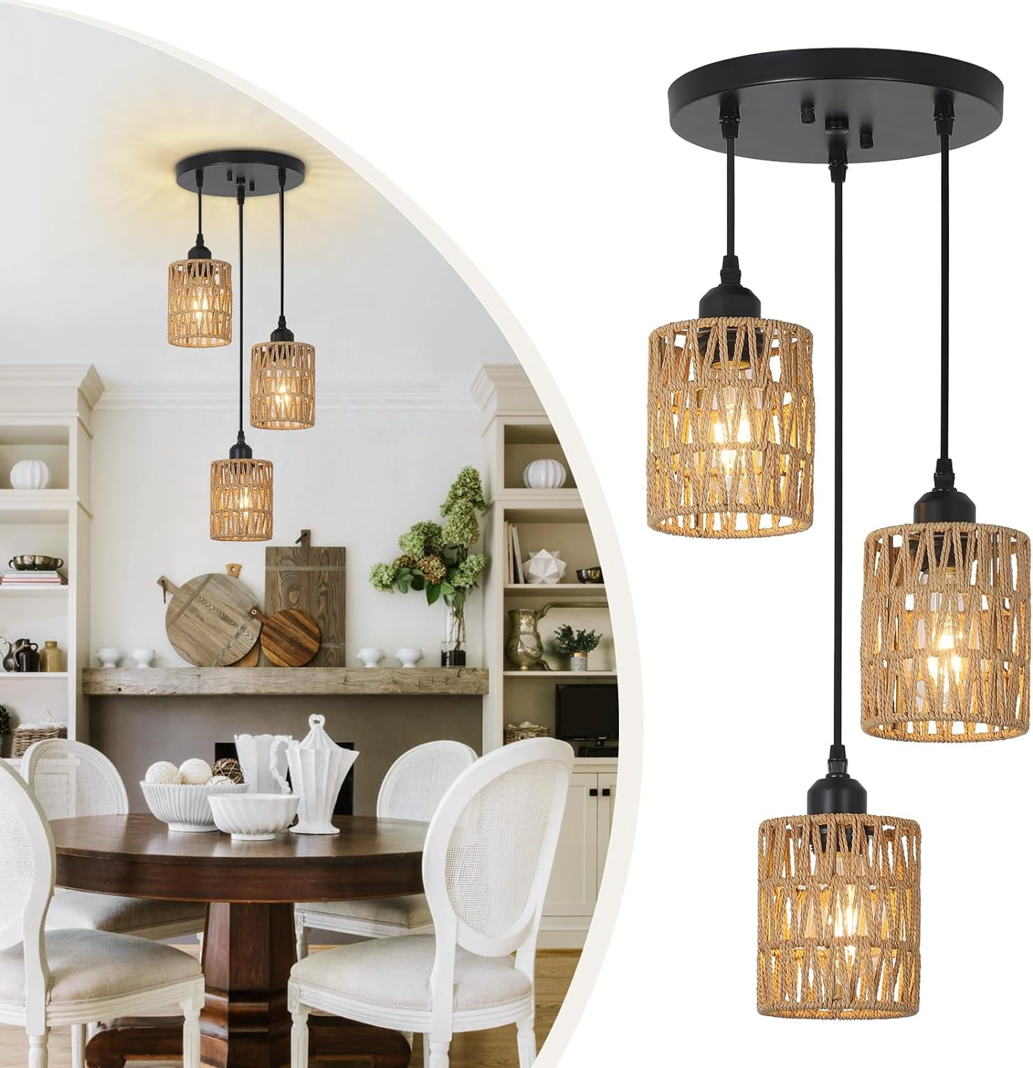 3 Lights Rattan Pendant Light, Farmhouse Dining Room Light Fixtures ...