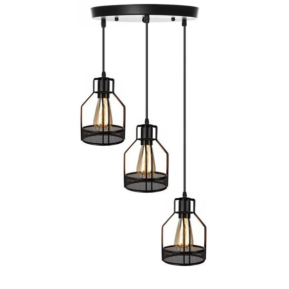 3-Lights Rustic Pendant Light, Industrial Pendant Lighting, Licperron Edison Metal Caged Vintage Hanging Pendant Fixture for Kitchen Dining Room Bar Hotel, E27 Base(3-Head Round Plate)