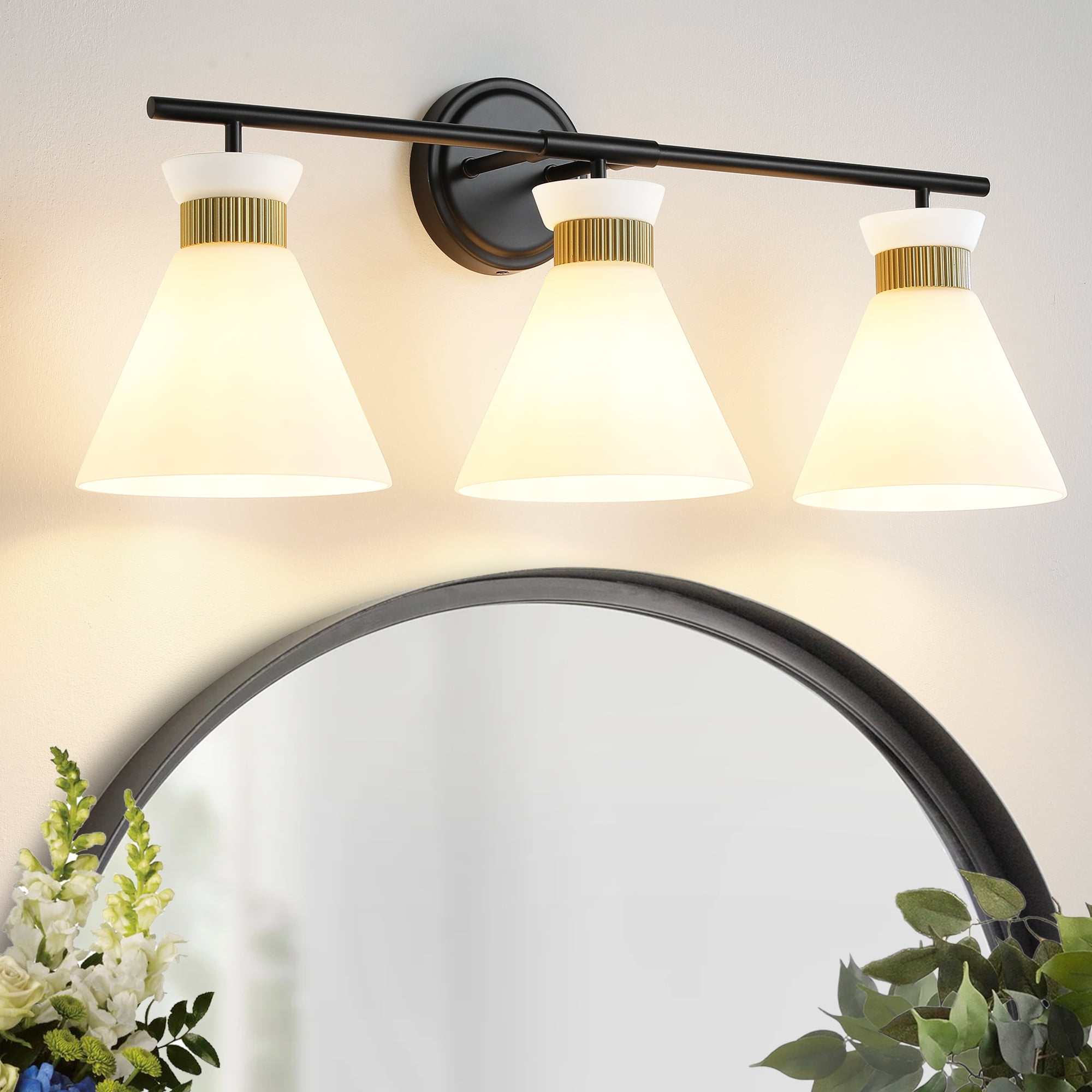 3-Lights Vanity Lights for Bathroom Black and Gold Wall Sconce Lighting with Frosted Milky Glass for Over Mirror Bedroom Hallway