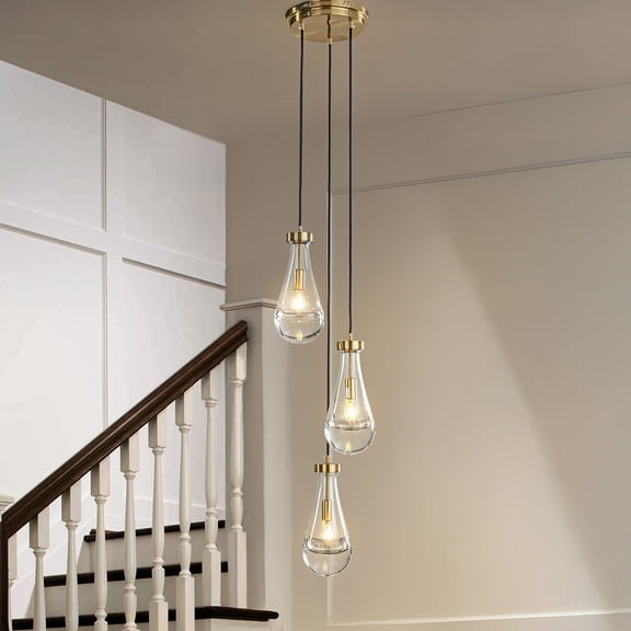 3 Lights W9 in Farmhouse Raindrop Glass Chandelier Modern Teardrops Pendant Light for Kitchen Island in Antique Brass Rustic Adjustable Hanging Rope Cluster Pendant for Foyer