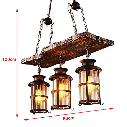 3 Lights Wood Vintage Chandelier, Industrial Farmhouse Island Light with Glass Lampshade, Height Adjustable Wooden Retro Chandelier Ceiling Hanging Light for Dining Room Cafe Bar R