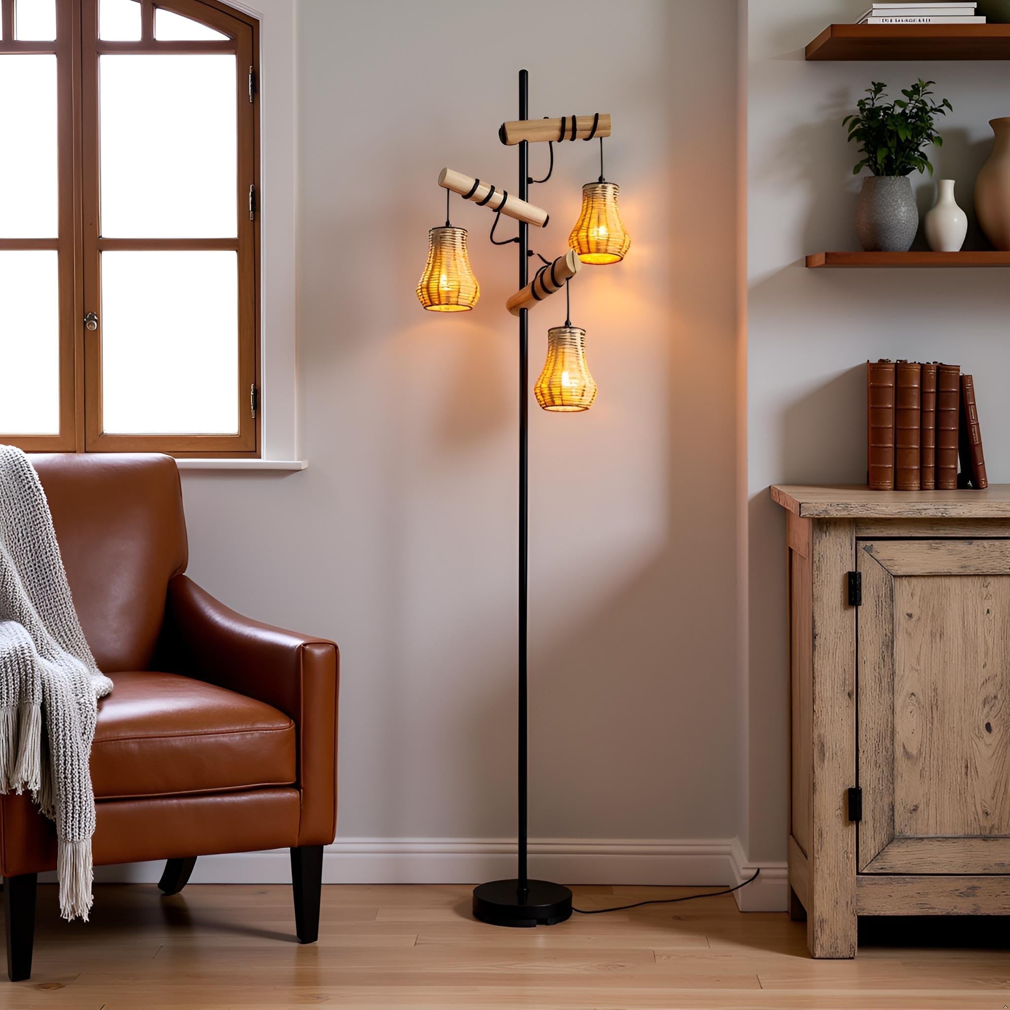 ピーターパン ラブクロム 3-Light Rustic Reading Black Standing Floor Lamp with Rattan