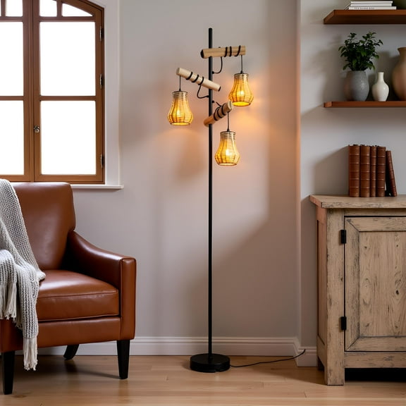 3-Light Rustic Reading Black Standing Floor Lamp with Rattan Shades