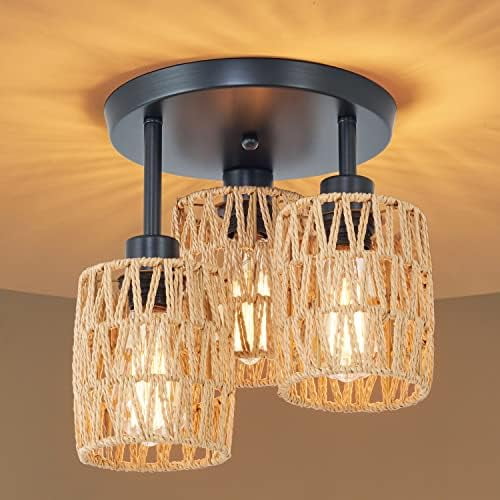 3-Lights Woven Rattan Ceiling Light Fixture,Farmhouse Hand-Woven Cage Semi Flush Mount Light, Boho Coastal Natural Basket Close to Ceiling Light for Bedroom Hallway Corridor Nursery
