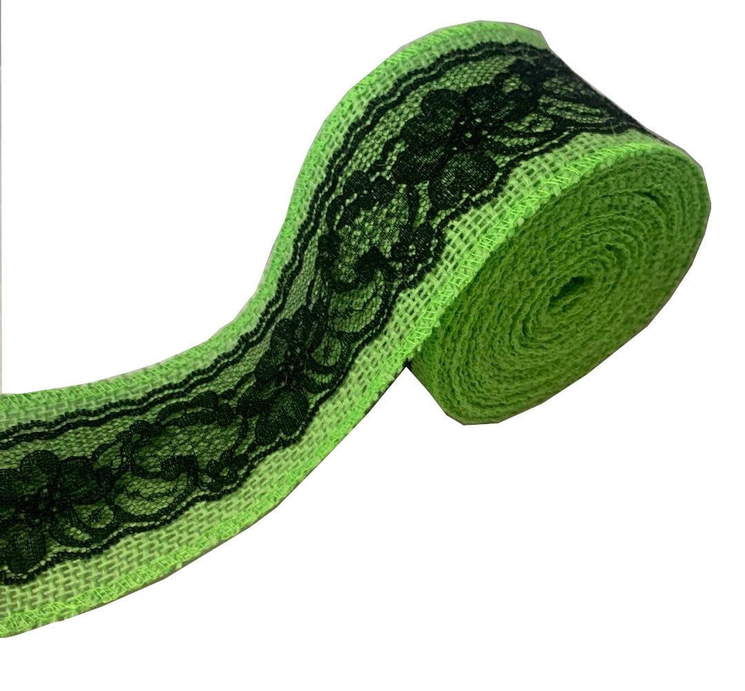 3 Lime Burlap Ribbon With Black Lace 5 Yard Roll Made In Usa-,