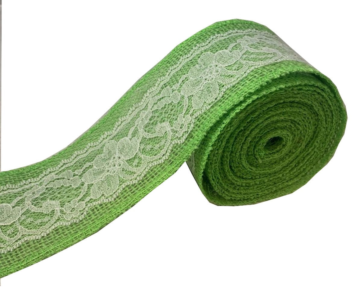 3 Lime Burlap Ribbon With White Lace 5 Yard Roll Made In Usa-,