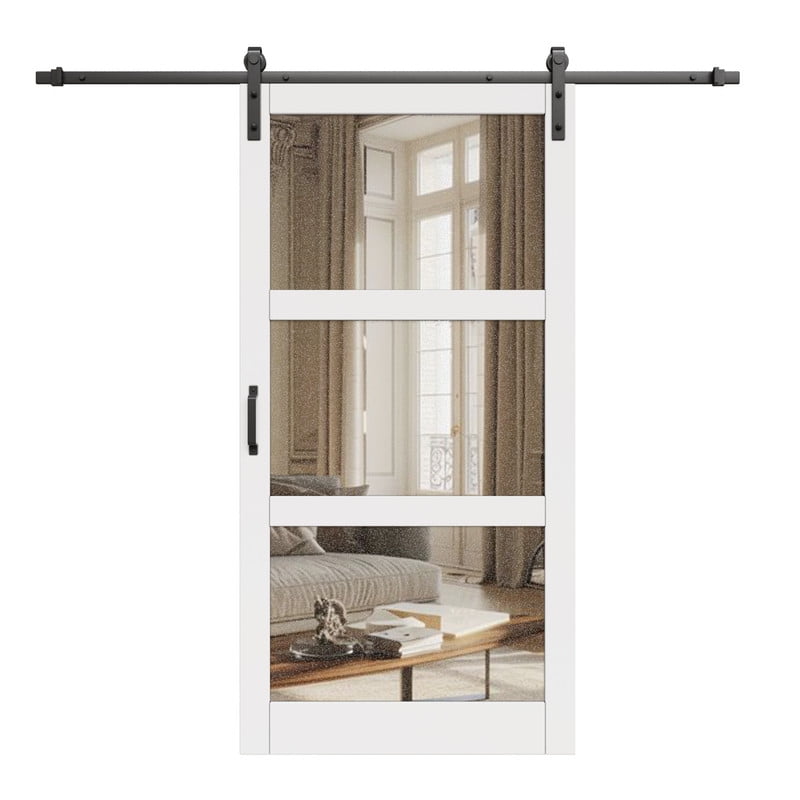 White 42" x 84" 3-Lite Mirrored MDF Barn Door