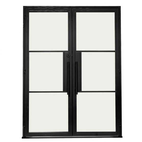 3 Lite Modern Exterior Double Steel French Door | Low-E Glass | Black | 60"x96" | Left Hand Swing | Double Doors Exterior
