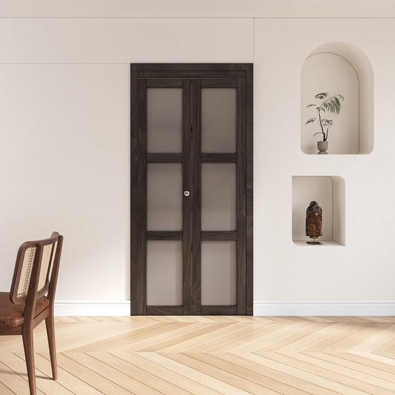 3-Lite Tempered Frosted Glass Closet Bifold Door with Hardware Kit & Knob, Solid Core MDF Wood & PVC Covered Finished, Iron Age