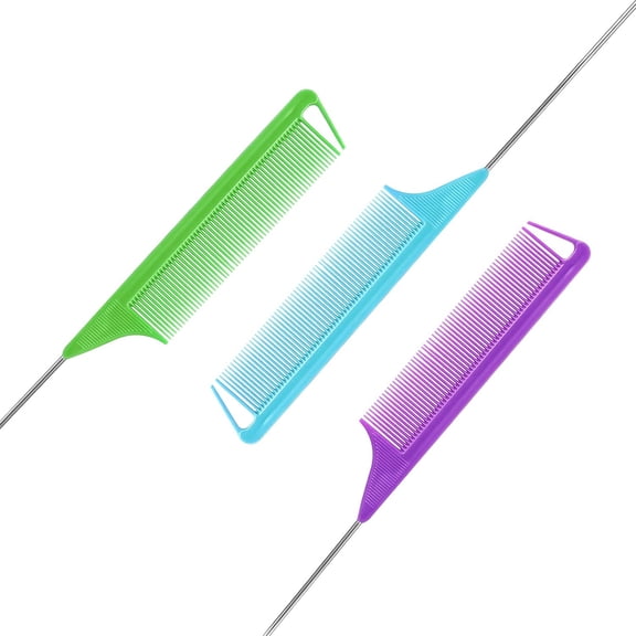 3 Long Steel Pin Combs for Parting Hair - Salon Styling Combs for Women (Purple, Green, Blue)