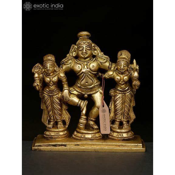 3" Lord Krishna Idol with Rukmini and Satyabhama in Brass | Handmade | Made in India