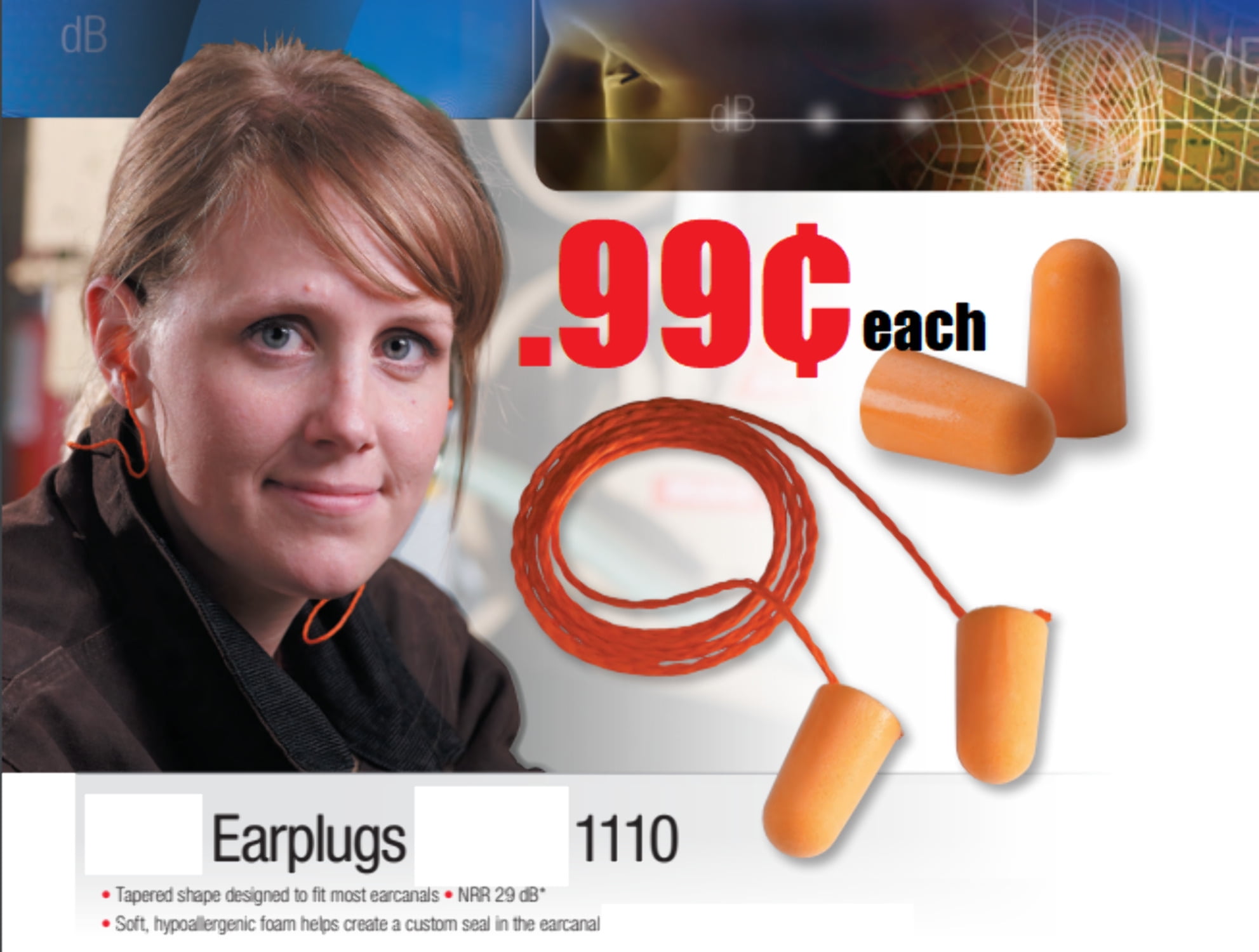 3 M 1110 Corded Foam Ear Plugs 051138290092 Orange Universal
