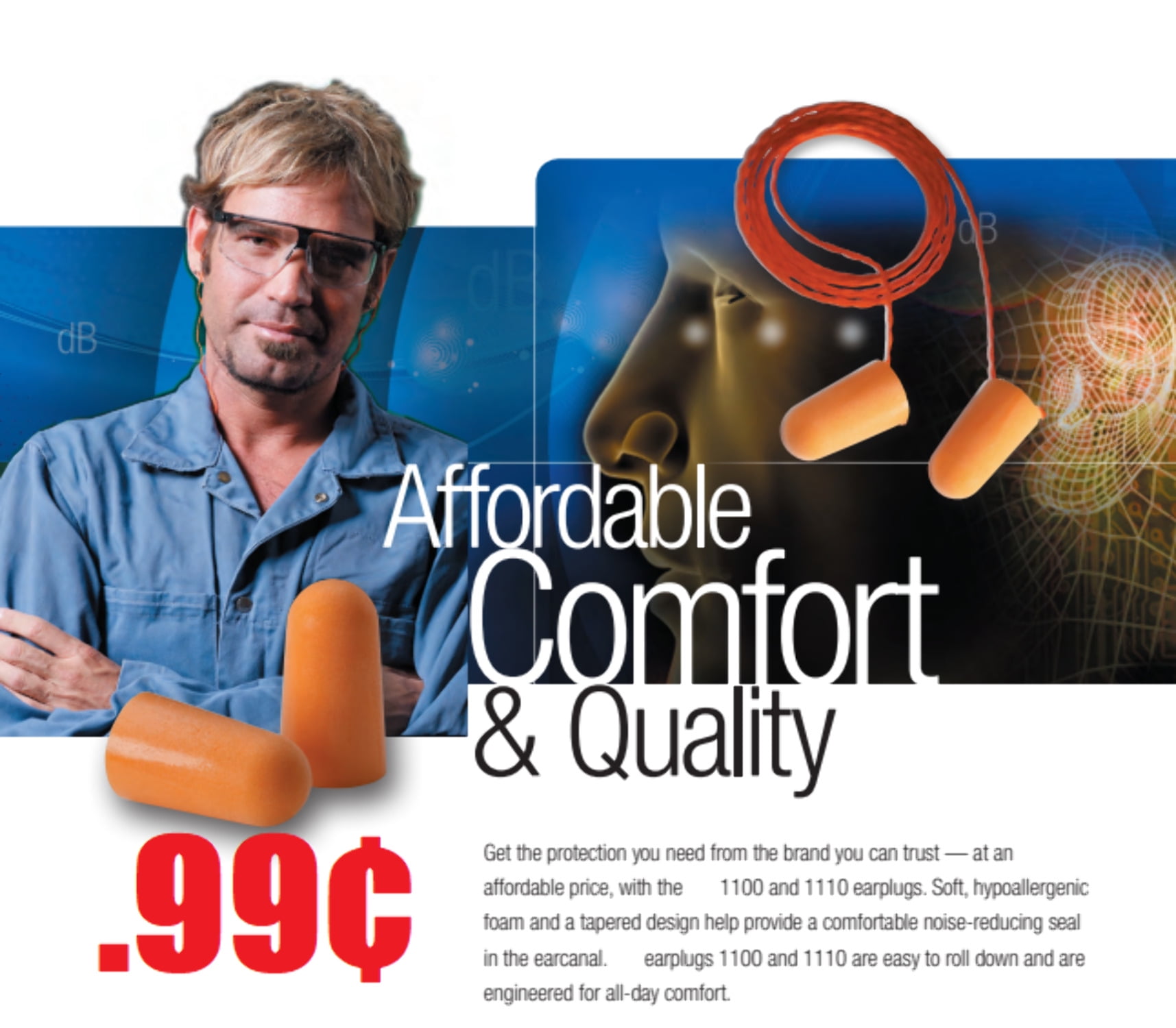 3 M 1110 Corded Foam Ear Plugs 051138290092 Orange Universal