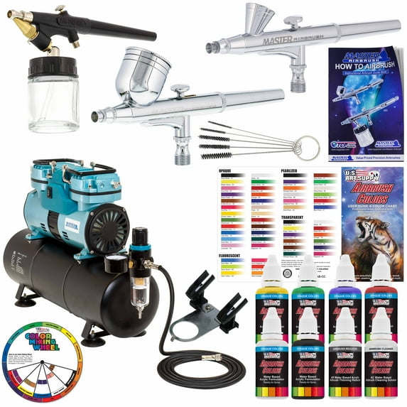 Master Airbrush Gravity and Siphon Feed Airbrushing System with 3 Airbrushes, 6 U.S. Art Supply Primary Colors Acrylic Paint Set - Cool Running 1/4 hp Twin-Piston Air Compressor, Storage Tank