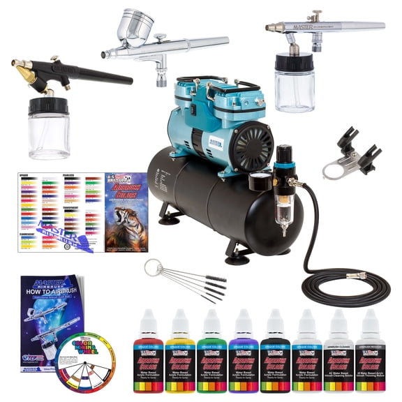 Powerful Master Airbrush Airbrushing System with 3 Airbrushes, 6 U.S. Art Supply Primary Colors Acrylic Paint Set - Cool Running 1/4 hp Twin Cylinder Piston Air Compressor with Air Storage Tank