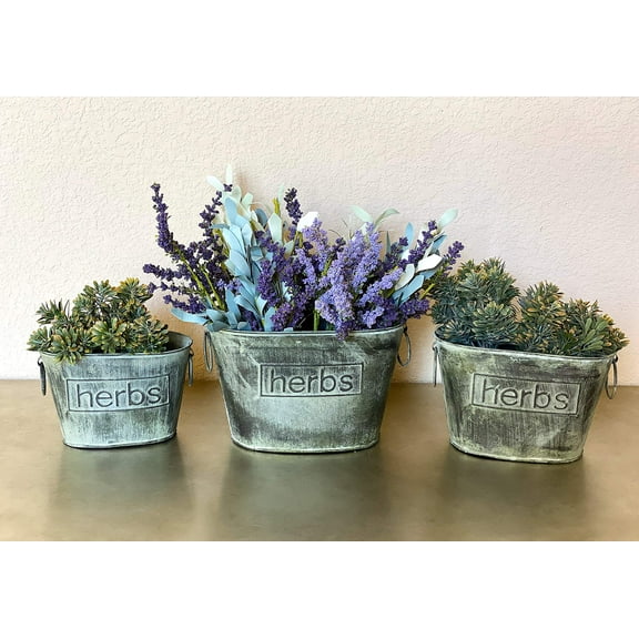 3 Metal Buckets Herbs Planters W Handles Decorative Storage Container Distressed Tarnished Silver Rustic Indoor Outdoor