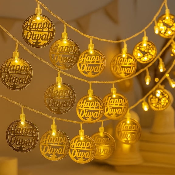 3 Meter 10 Happy Diwali Round Metallic Led String Lights, Golden Diwali Lights for Decoration for Home, Mandir & Festive Ambient Light for Diwali Decor (Plug-in)