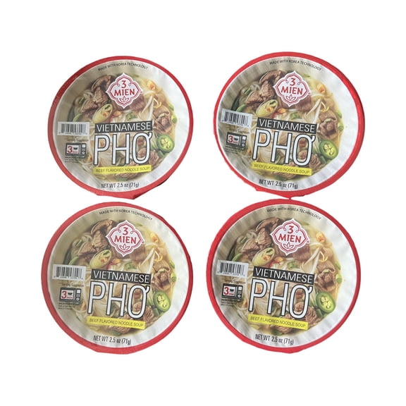 3 Mien Vietnamese Pho Beef Flavored Noodle Soup Bowls, 2.5 oz Each, 4 Pack Instant Microwave Rice Noodles