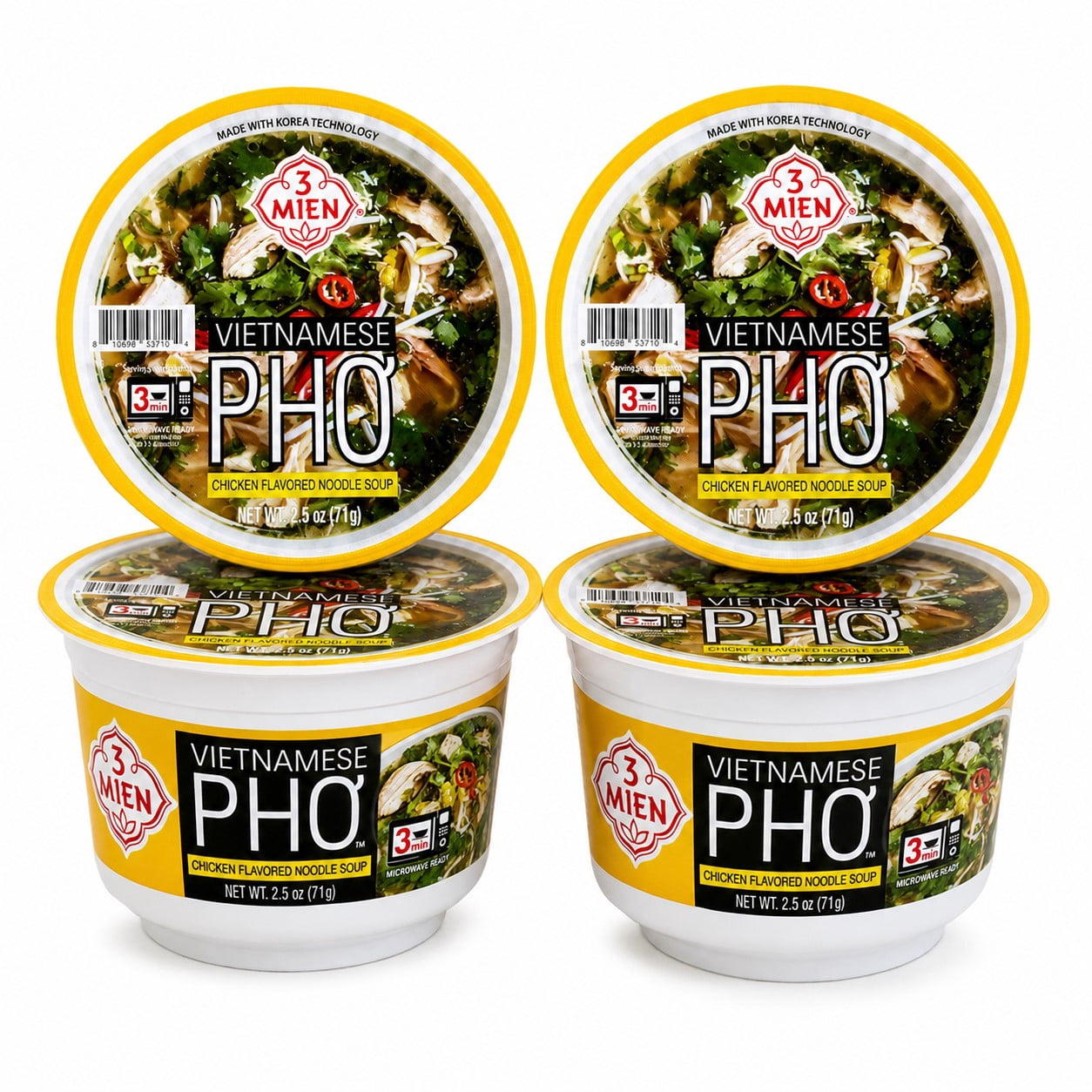 3 Mien Vietnamese Pho Chicken Flavored Instant Rice Noodle Soup Bowls, 2.5 oz Each, 4 Pack, Microwave Ready