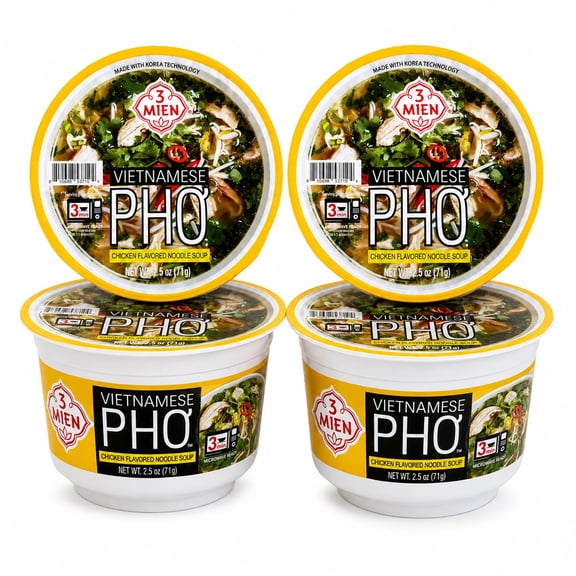 3 Mien Vietnamese Pho Chicken Flavored Instant Rice Noodle Soup Bowls, 2.5 oz Each, 4 Pack, Microwave Ready