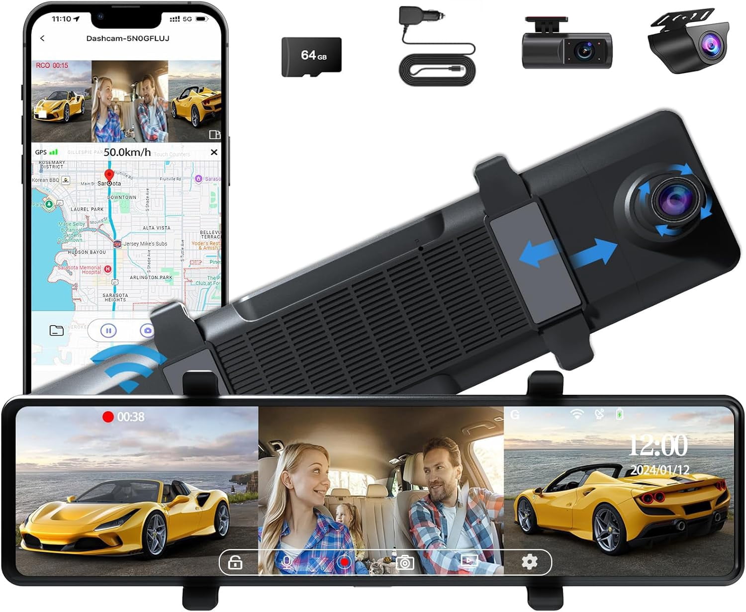 Split Mirror Rear View Camera 3 Mirror Dash Cam, 12