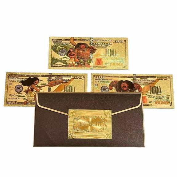 3 Moana Anime-Inspired Plastic Gold Foil Collectible Banknote Bookmarks - Cartoon Character Limited Edition for Otaku, Book Lovers & Premium Collections
