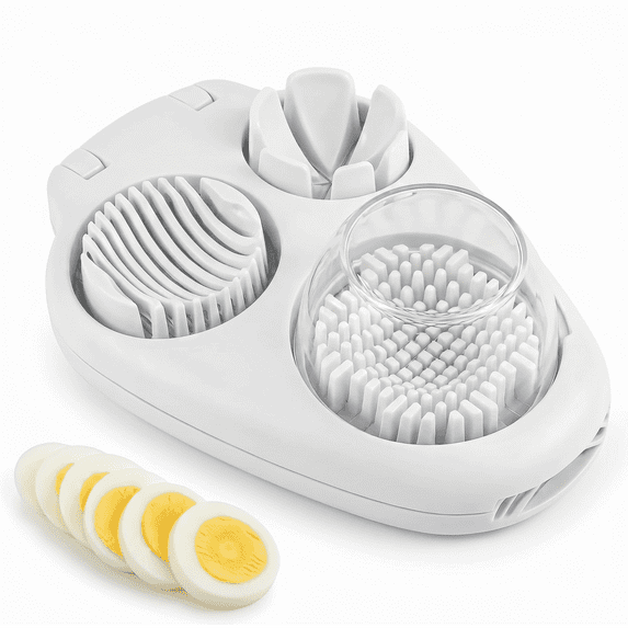3-Mode Egg Slicer with Stainless Steel Blades — Cutter for Hard-Boiled Eggs, Strawberries & Soft Foods, Integrated Catch Tray