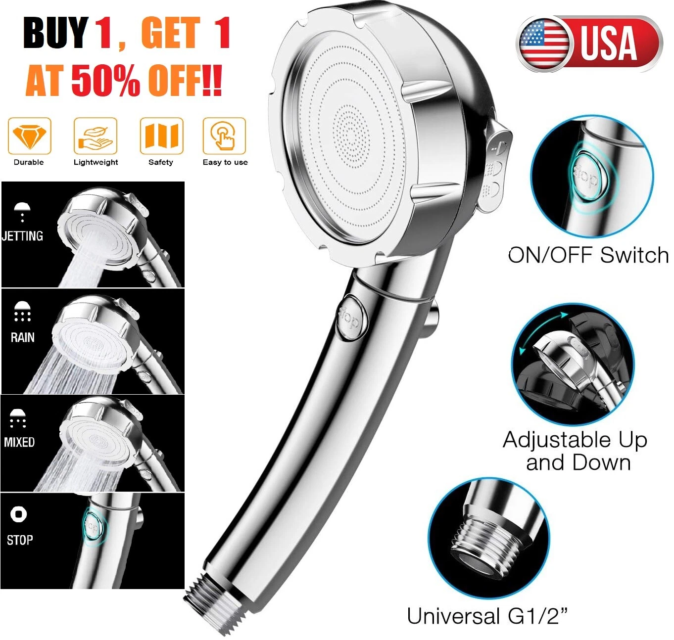 3 Mode High Pressure Showerhead Handheld Shower Head With On/Off/Pause ...