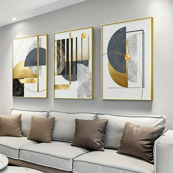 3 Modern Golden Abstract Geometric Canvas Paintings - Vibrant Wall Art for Living Room Porch Home Decor, Unframed Abstract Animal Design, Perfect for Modern Home Decor, Easy to Hang
