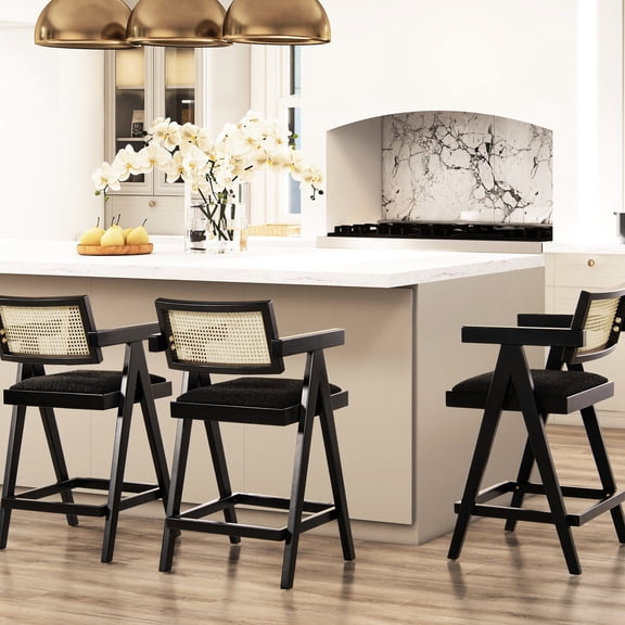 3 Modern Resin Webbing Bar Stools with Set | Ergonomic Comfort for Home Bars | Boucle Upholstery with Faux-Sherpa | Meets Comfort and Aesthetic Requirements