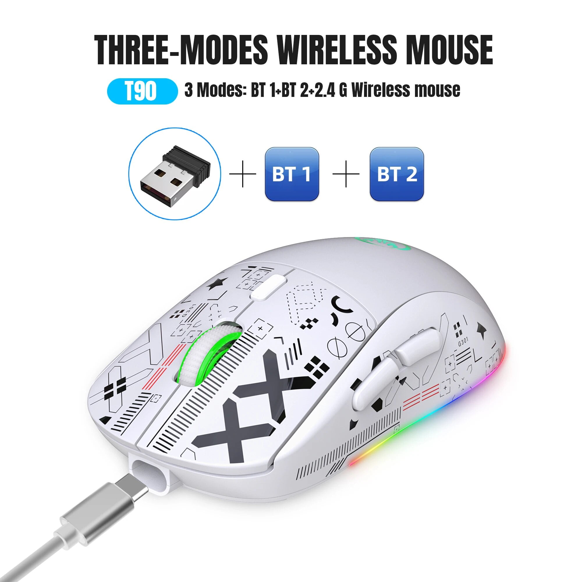 3 Modes Bluetooth Gaming Mouse Rechargeable 2.4G USB Wireless RGB ...