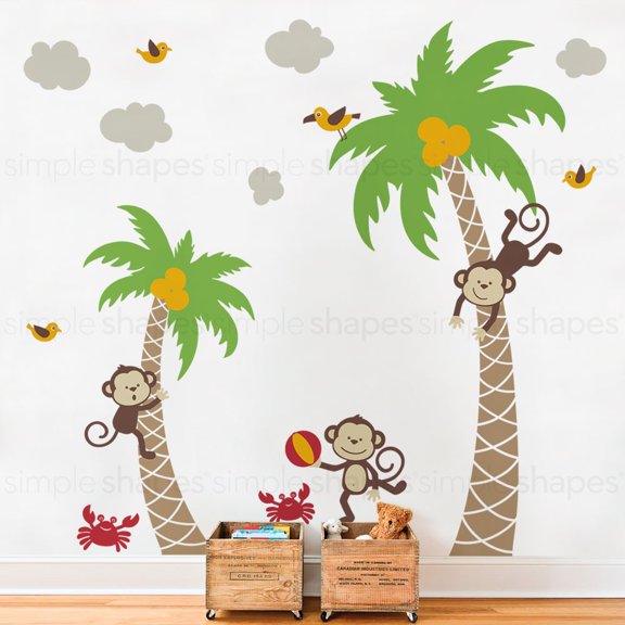 3 Monkeys with Palm Tree Wall Decal - Scheme A