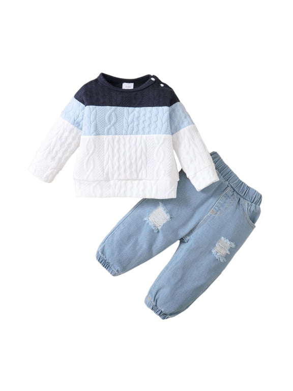 3 Months Baby Boys Clothes 6 Months Boys 2PCS Fall Winter Clothing Set Round Neck Infant Boys Long Sleeve Top Denim Pants Set Blue