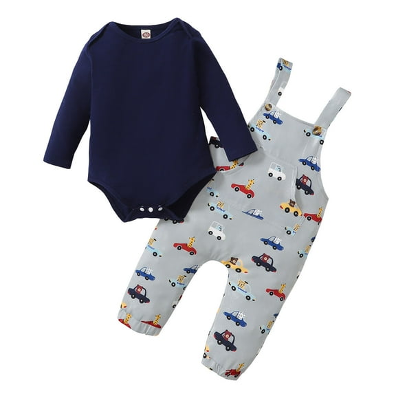 3 Months Baby Boys Clothes 6 Months Boys 2PCS Fall Winter Outfits Cars Print Infant Boys Long Sleeve Romper Top Overall Pants Set Blue