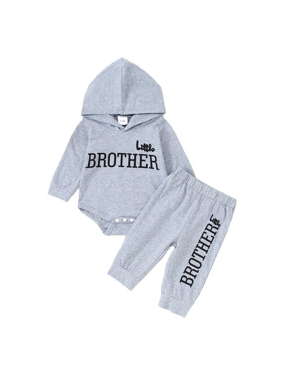 3 Months Baby Boys Clothes 6 Months Boys 2PCS Hoodie Romper Outfits Set Letter Print Newborn Boys Long Sleeve Top Pants Set Gray