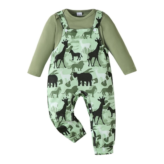 3 Months Baby Boys Clothes 6 Months Boys 2PCS Romper Outfits Set Animals Print Newborn Boys Long Sleeve Top Overalls Pants Set Green