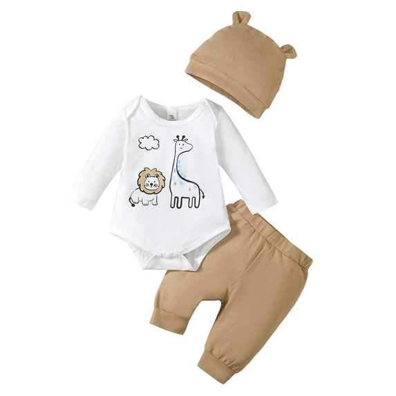 3 Months Baby Boys Clothes 6 Months Boys 3PCS Fall Winter Outfits Set Animals Print Infant Boys Long Sleeve Top Pants Set with Hat Khaki