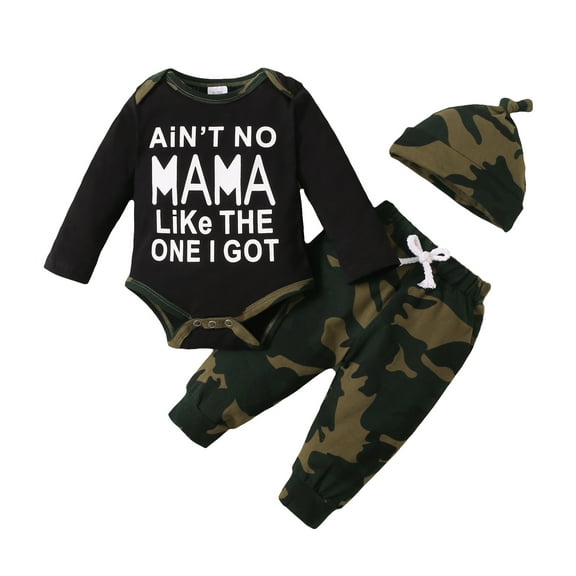 3 Months Baby Boys Clothes 6 Months Boys 3PCS Fall Winter Outfits Set Letter Print Newborn Boys Long Sleeve Top Camo Pants Hat Set Black