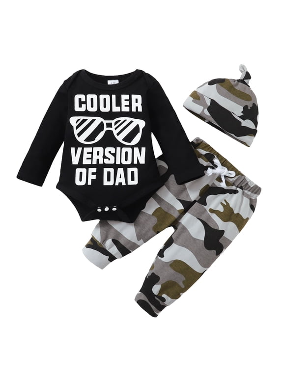 3 Months Baby Boys Clothes 6 Months Boys 3PCS Outfits Set Letter Glasses Print Newborn Boys Long Sleeve Top Camo Pants Set with Hat Black