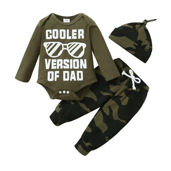 3 Months Baby Boys Clothes 6 Months Boys 3PCS Outfits Set Letter Glasses Print Newborn Boys Long Sleeve Top Camo Pants Set with Hat Green