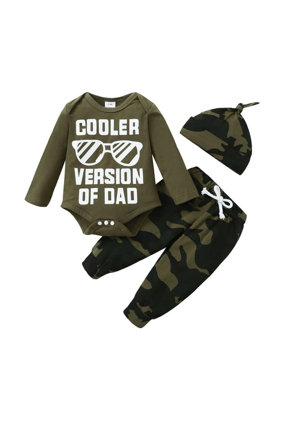 3 Months Baby Boys Clothes 6 Months Boys 3PCS Outfits Set Letter Glasses Print Newborn Boys Long Sleeve Top Camo Pants Set with Hat Green