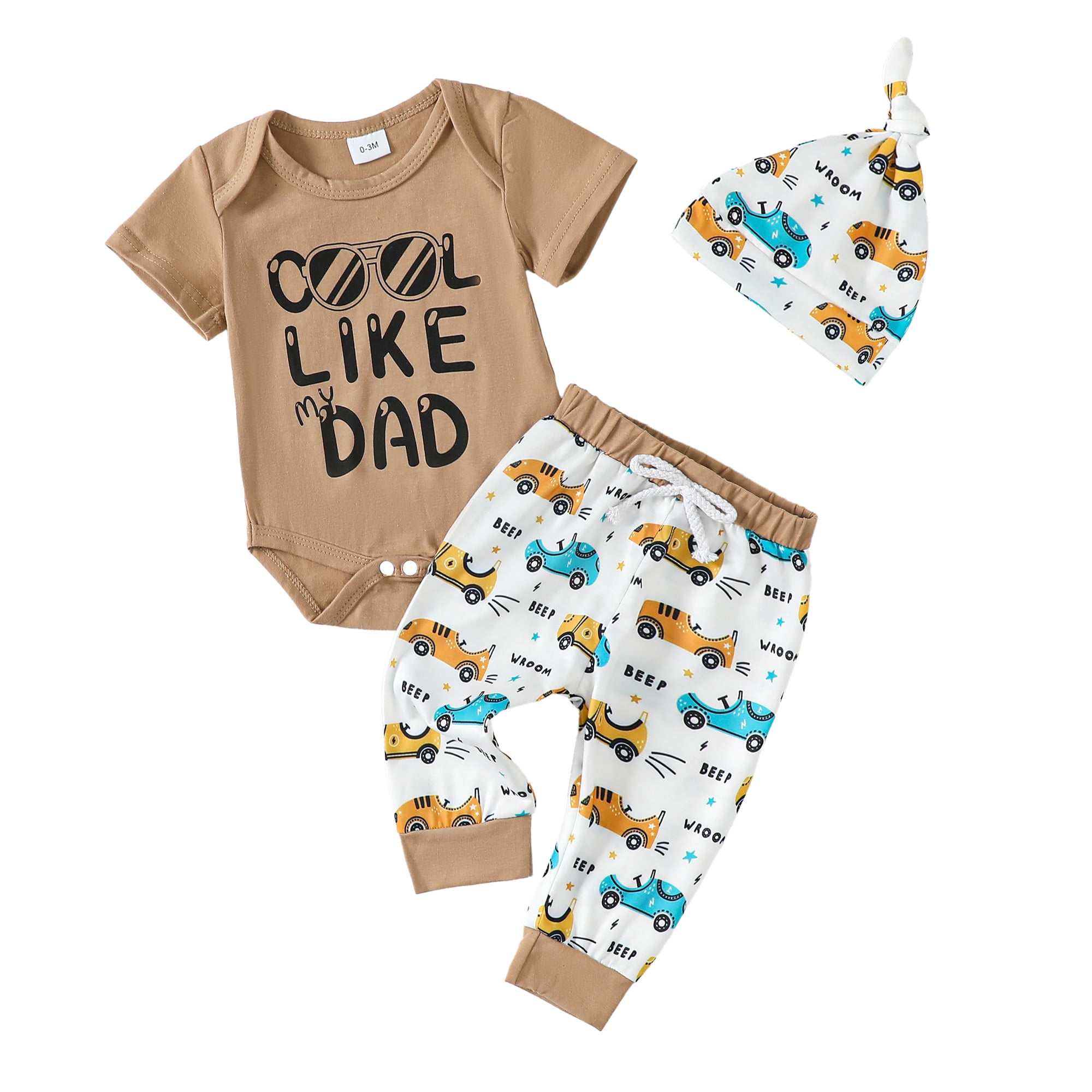 3 Months Baby Boys Clothes 6 Months Boys 3PCS Outfits Set Letter Glasses Print Newborn Boys Short Sleeve Top Pants Set with Hat Brown