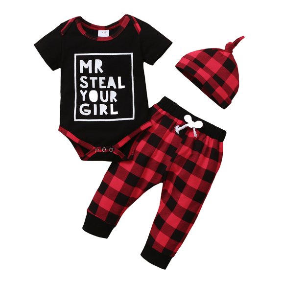 3 Months Baby Boys Clothes 6 Months Boys 3PCS Outfits Set Letter Print Newborn Boys Short Sleeve Top Pants Set with Hat Black