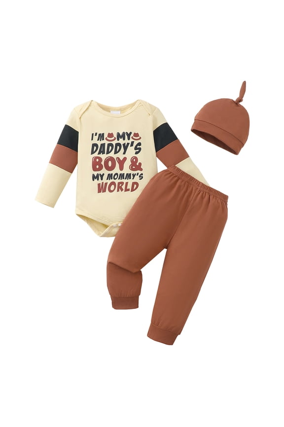 3 Months Baby Boys Clothes 6 Months Boys 3PCS Romper Outfits Set Letter Print Newborn Boys Long Sleeve Top Pants Set with Hat Brown
