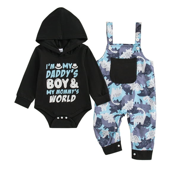 3 Months Baby Boys Clothes 6 Months Boys Pant Set Newborn Boys Long Sleeve Letter Print Hooded Romper Top Overall Pants 2PCS Outfits Set Black
