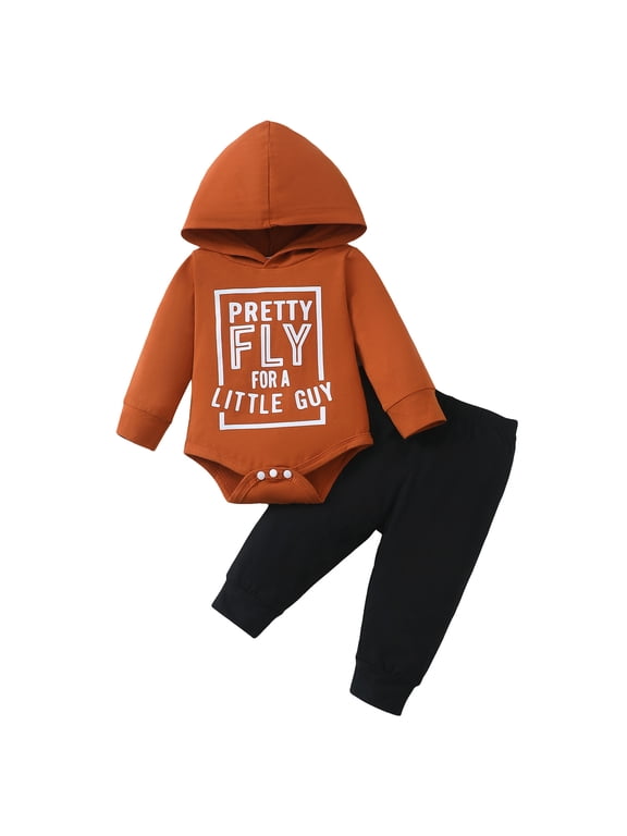 3 Months Baby Boys Clothes 6 Months Boys Pant Set Newborn Boys Long Sleeve Letter Print Hooded Top Pants 2PCS Set Brown