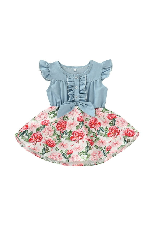 3 Months Baby Girl Clothes 6 Months Infant Baby Girls Summer Dress Ruffle Flying Sleeve Denim Dress Sleeveless Floral Dress Blue