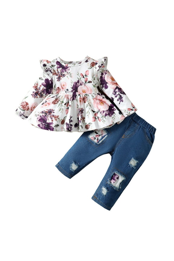 3 Months Baby Girls Clothes 6 Months Girls 2PCS Fall Winter Outfits Set Flower Print Infant Girls Long Sleeve Top Denim Pants Set